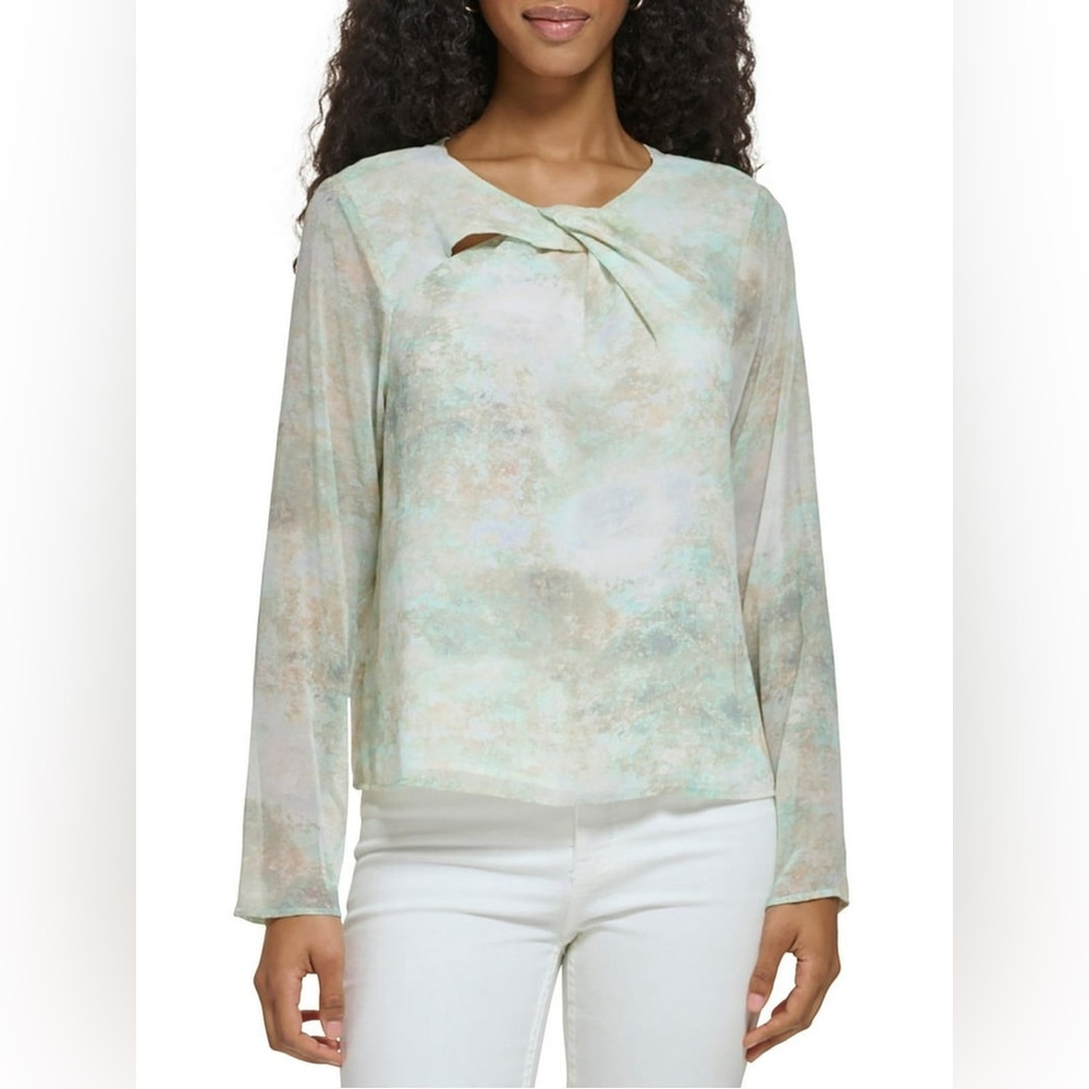 Calvin Klein Chiffon Twist Neck Long Sleeve Lined Blouse Top Green White Large